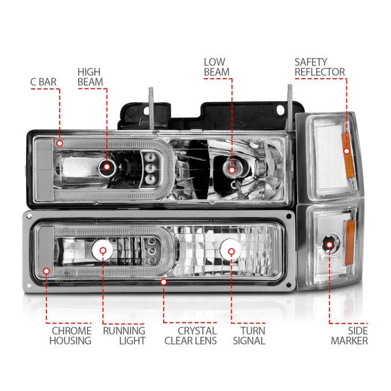 ANZO 88-98 Chevrolet C1500 Crystal Headlights w/Light Bar Chrome Housing w/ Signal Side Markers 8Pcs - Corvette Realm