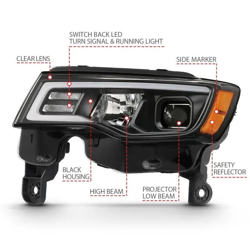 ANZO 2017-2018 Jeep Grand Cherokee Projector Headlights w/ Plank Style Switchback - Black w/ Amber - Corvette Realm