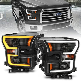 ANZO 2015-2017 Ford F-150 Projector Headlights w/ Plank Style Switchback Black w/ Amber - Corvette Realm