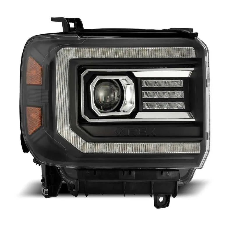 AlphaRex 14-18 GMC Sierra LUXX LED Proj Headlights Plank Style Black w/Activ Light/Seq Signal/DRL - Corvette Realm