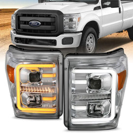ANZO 11-16 Ford F-250/F-350/F-450 Projector Headlights w/ Plank Style Switchback Chrome w/Amber - Corvette Realm