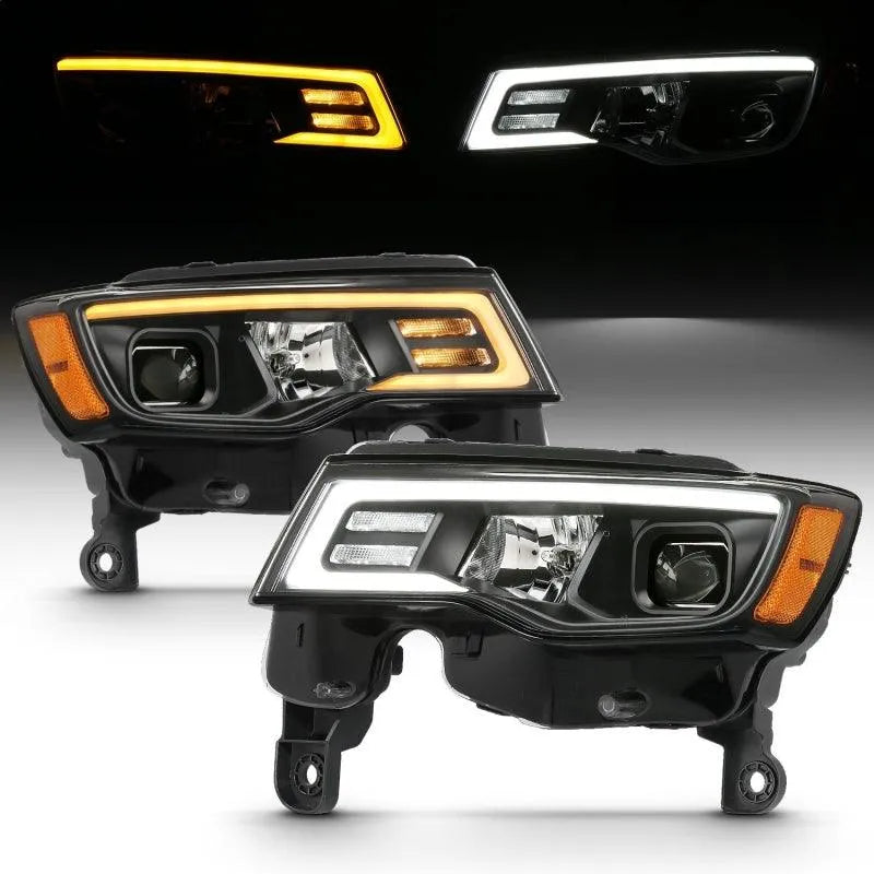 ANZO 2017-2018 Jeep Grand Cherokee Projector Headlights w/ Plank Style Switchback - Black w/ Amber - Corvette Realm