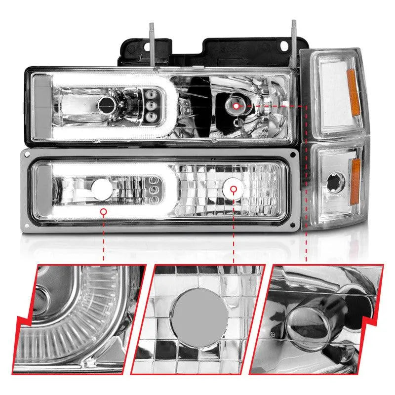 ANZO 88-98 Chevrolet C1500 Crystal Headlights w/Light Bar Chrome Housing w/ Signal Side Markers 8Pcs - Corvette Realm