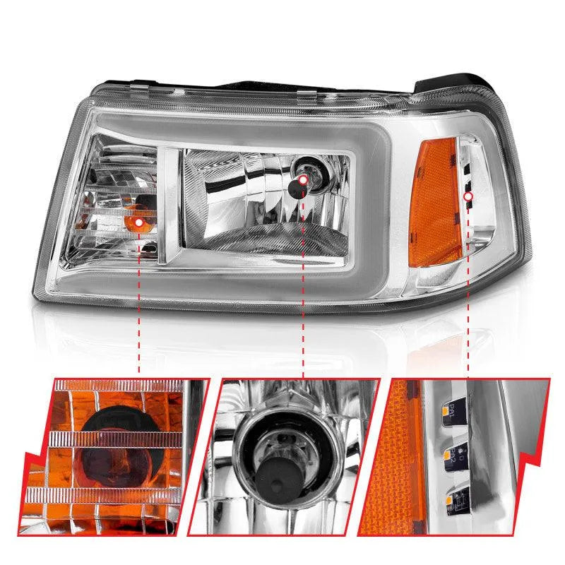 ANZO 2001-2011 Ford Ranger Crystal Headlights w/ Light Bar Chrome Housing - Corvette Realm