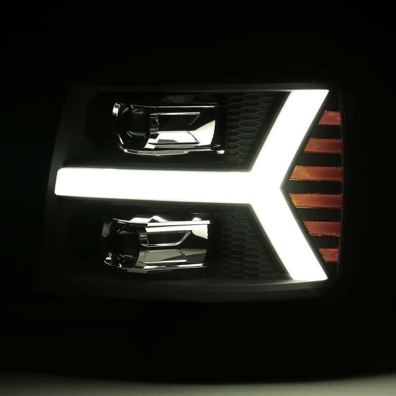 AlphaRex 07-13 Chevy 1500 LUXX LED Proj Headlights Plank Style Jet Blk w/ Activ Light/Seq Signal/DRL - Corvette Realm