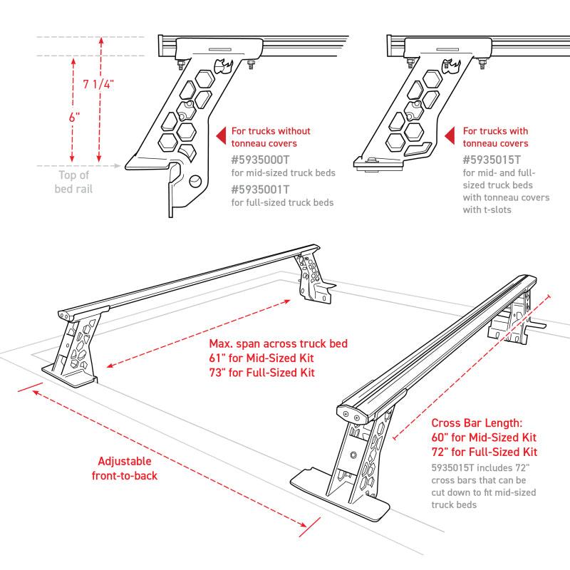 Go Rhino 15-22 Ford F-150 / 07-21 Toy. Tundra XRS Cross Bars Kit - Tex Blk (Attch Tonneau Cvr T-Trk) - Corvette Realm