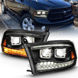 ANZO 2009-2018 Dodge Ram 1500 Led Projector Plank Style Switchback H.L Halo Black Amber (OE Style) - Corvette Realm