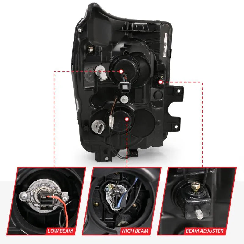 ANZO 2011-2016 Ford F250 Projector Headlights w/ Plank Style Switchback Black w/ Amber - Corvette Realm