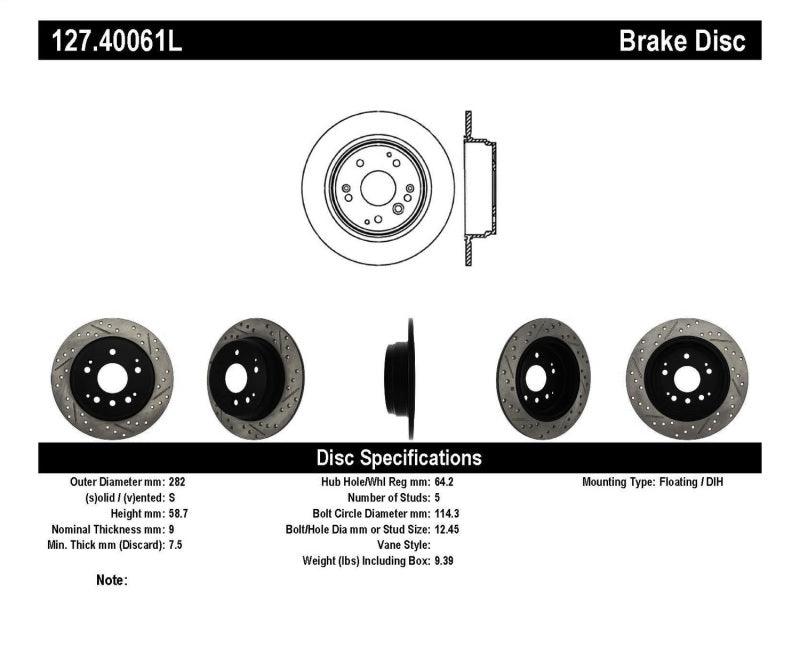 StopTech 04-08 Acura TL / 03-09 honda Element Slotted & Drilled Left Rear Rotor - Corvette Realm