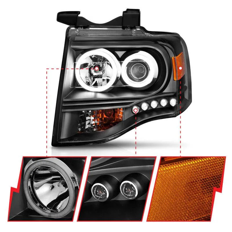 ANZO 2007-2014 Ford Expedition Projector Headlights w/ Halo Black - Corvette Realm