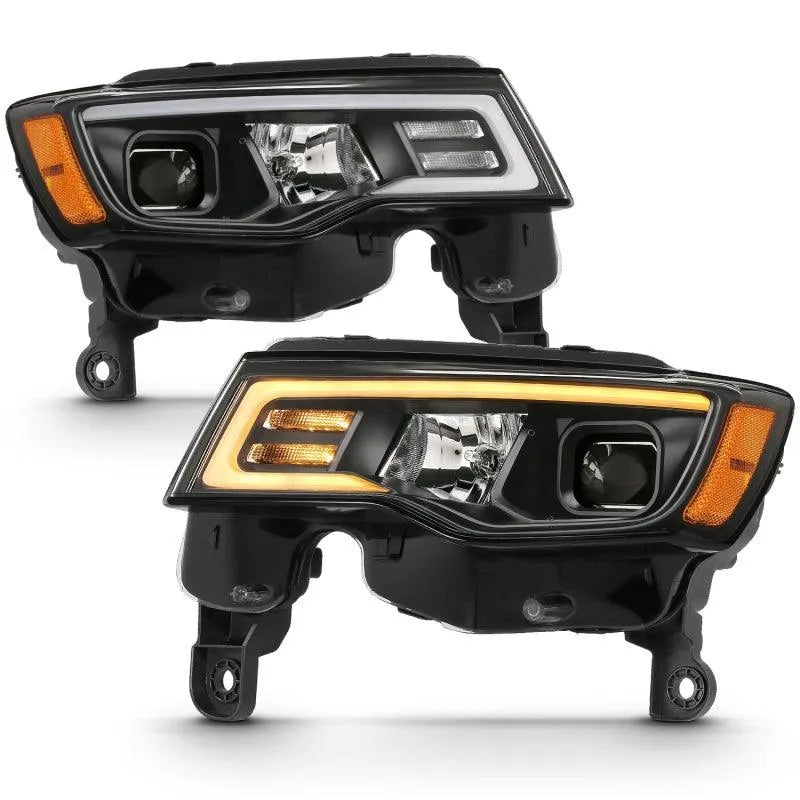 ANZO 2017-2018 Jeep Grand Cherokee Projector Headlights w/ Plank Style Switchback - Black w/ Amber - Corvette Realm