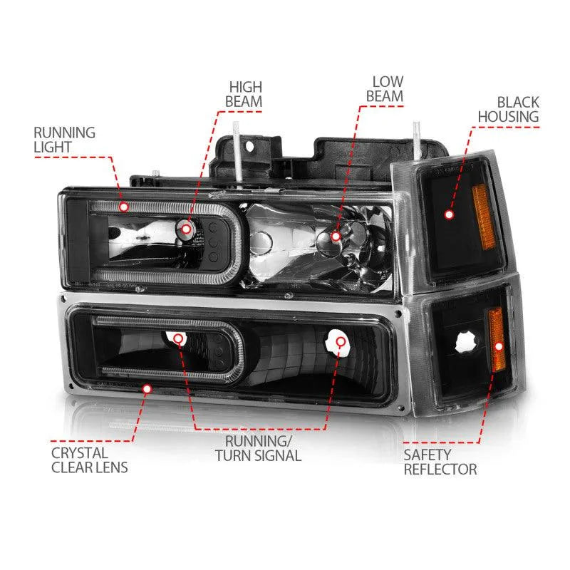 ANZO 88-98 Chevrolet C1500 Crystal Headlights w/ Light Bar Black Housing w/ Signal Side Markers 8Pcs - Corvette Realm