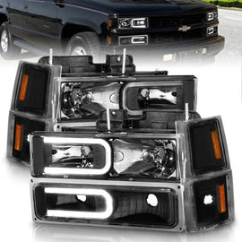 ANZO 88-98 Chevrolet C1500 Crystal Headlights w/ Light Bar Black Housing w/ Signal Side Markers 8Pcs - Corvette Realm
