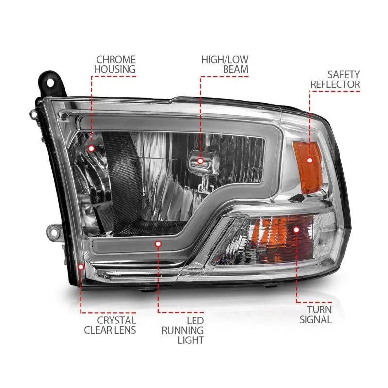 ANZO 2009-2018 Dodge Ram 1500/ 2500/ 3500 Crystal Headlights w/ Light Bar Chrome Housing - Corvette Realm