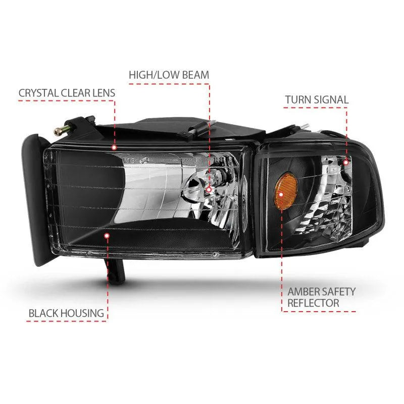 ANZO 1994-2001 Dodge Ram Crystal Headlights Black - Corvette Realm