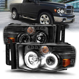 ANZO 2002-2005 Dodge Ram 1500 Projector Headlights w/ Halo Black Clear Amber - Corvette Realm
