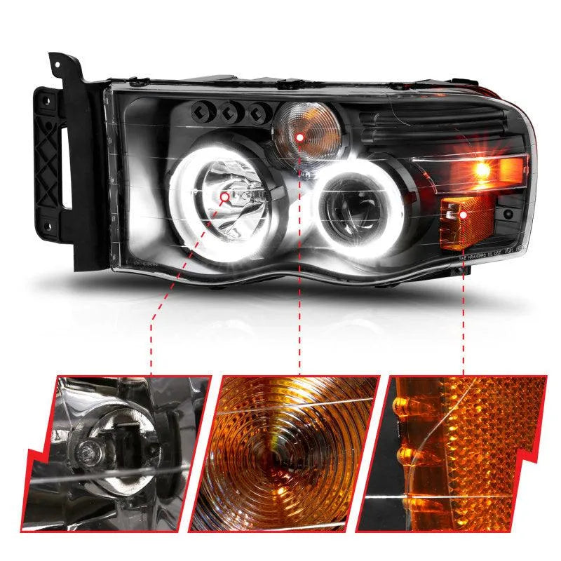 ANZO 2002-2005 Dodge Ram 1500 Projector Headlights w/ Halo Black Clear Amber - Corvette Realm