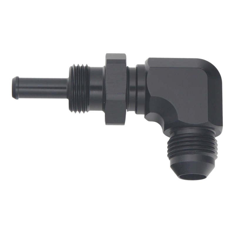 DeatschWerks 8AN Male Flare to 5/16in Male Barb Bulkhead Adapter 90-Degree - Anodized Matte Black - Corvette Realm