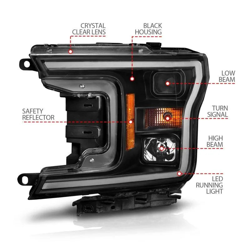 ANZO 2018-2020 Ford F-150 Projector Headlight w/ Plank Style Switchback Black Housing - Corvette Realm