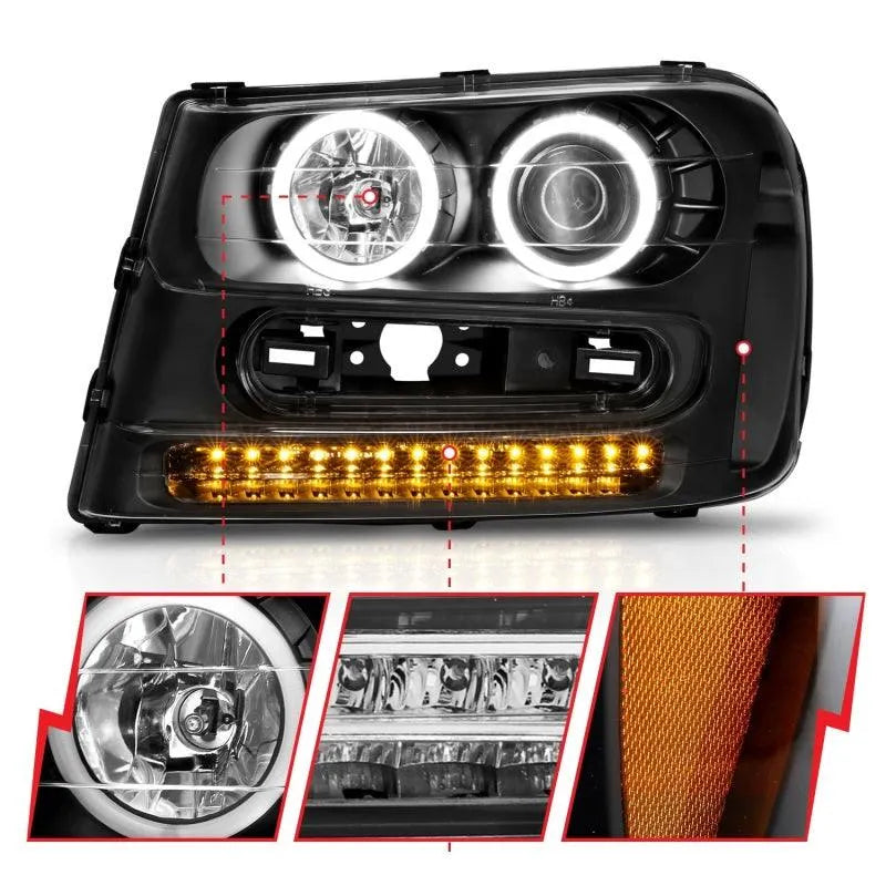 ANZO 2002-2009 Chevrolet Trailblazer Projector Headlights w/ Halo Black - Corvette Realm