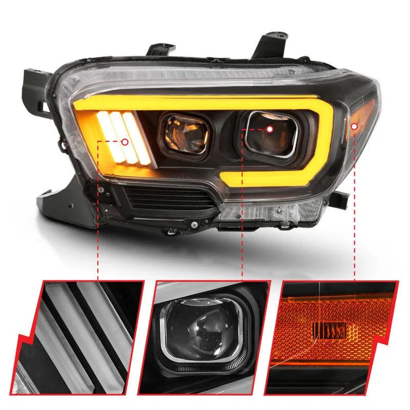 ANZO 2016-2017 Toyota Tacoma Projector Headlights w/ Plank Style Switchback Black w/ Amber - Corvette Realm