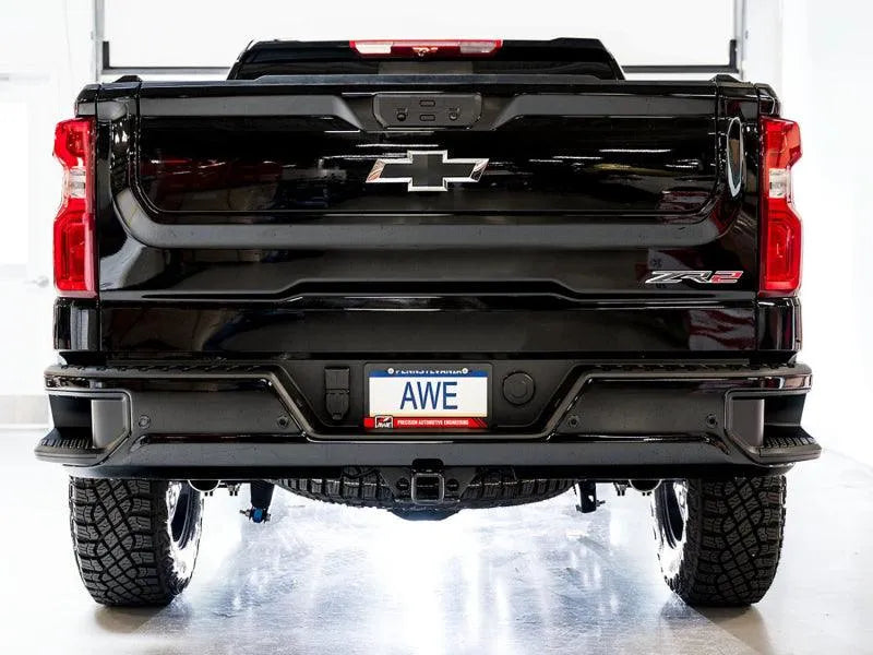 AWE Tuning 22-23 GMC Sierra 1500 AT4X 6.2L 0FG Catback Split Dual (Flat Bumper) - Bashguard(No Tips) - Corvette Realm