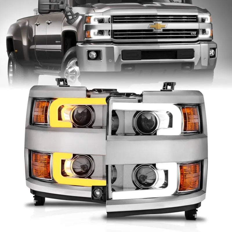 ANZO Projector Headlights 15-17 Chevrolet Silverado 2500HD / 3500HD Chrome w/ Chrome Rim - Corvette Realm