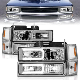 ANZO 88-98 Chevrolet C1500 Crystal Headlights w/Light Bar Chrome Housing w/ Signal Side Markers 8Pcs - Corvette Realm