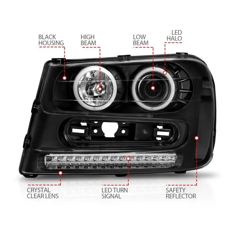 ANZO 2002-2009 Chevrolet Trailblazer Projector Headlights w/ Halo Black - Corvette Realm
