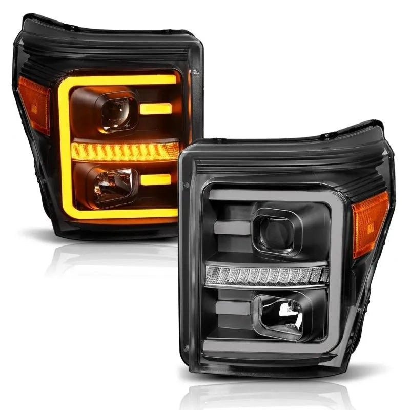 ANZO 2011-2016 Ford F250 Projector Headlights w/ Plank Style Switchback Black w/ Amber - Corvette Realm