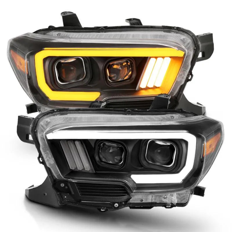 ANZO 2016-2017 Toyota Tacoma Projector Headlights w/ Plank Style Switchback Black w/ Amber - Corvette Realm