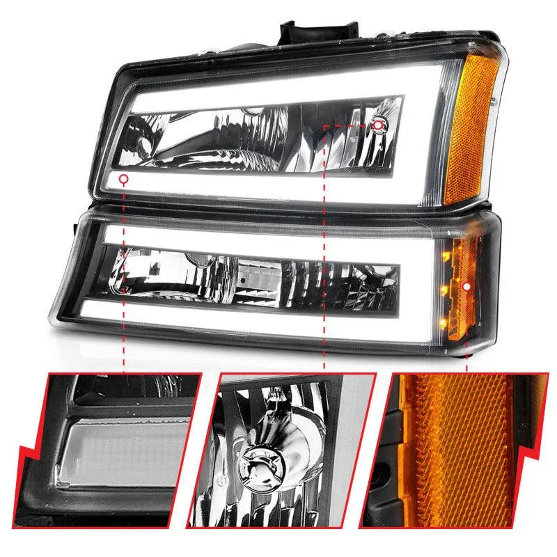 ANZO 2003-2006 Chevrolet Silverado 1500 Crystal Headlights w/ Light Bar Black Housing - Corvette Realm