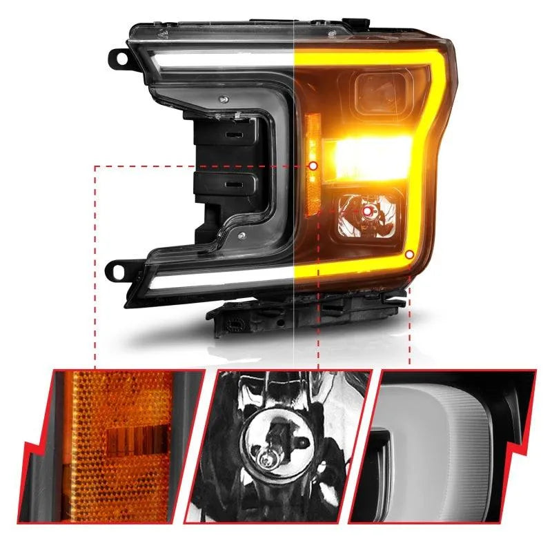ANZO 2018-2020 Ford F-150 Projector Headlight w/ Plank Style Switchback Black Housing - Corvette Realm