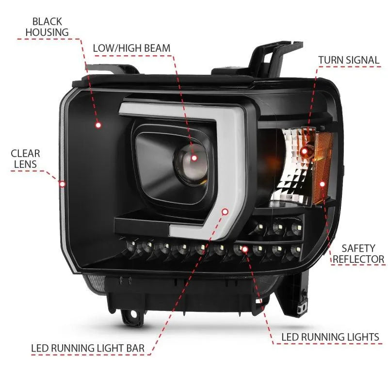 ANZO 2014-2015 Gmc Sierra 1500HD Projector Plank Style Headlight Black W/ Drl - Corvette Realm
