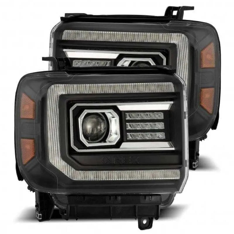 AlphaRex 14-18 GMC Sierra LUXX LED Proj Headlights Plank Style Black w/Activ Light/Seq Signal/DRL - Corvette Realm