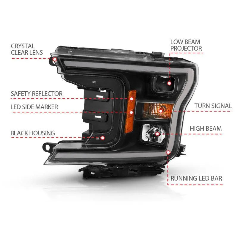 ANZO 2018-2019 Ford F-150 Projector Plank Style H.L. Black Amber (Without Switchback) - Corvette Realm