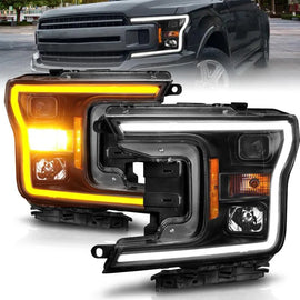 ANZO 2018-2020 Ford F-150 Projector Headlight w/ Plank Style Switchback Black Housing - Corvette Realm