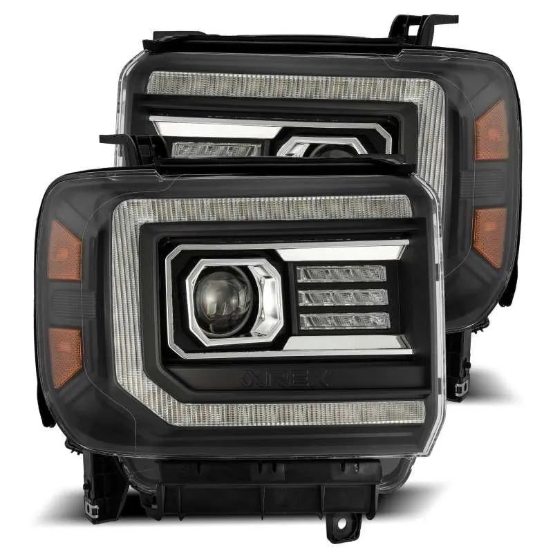 AlphaRex 14-18 GMC Sierra LUXX LED Proj Headlights Plank Style Black w/Activ Light/Seq Signal/DRL - Corvette Realm
