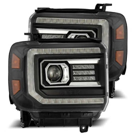 AlphaRex 14-18 GMC Sierra LUXX LED Proj Headlights Plank Style Black w/Activ Light/Seq Signal/DRL - Corvette Realm