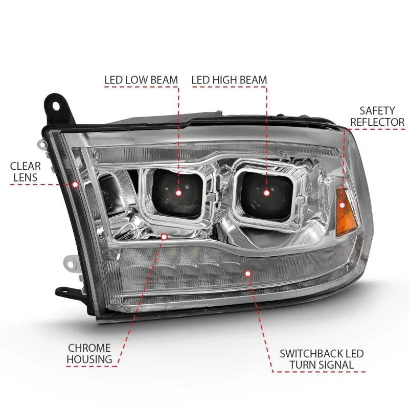 ANZO 2009-2018 Dodge Ram 1500 Led Projector Plank Style Switchback H.L Halo Chrome Amber (OE Style) - Corvette Realm