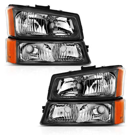 ANZO 2003-2006 Chevy Silverado Crystal Headlight w/ Signal Light Black Amber (4 pcs) - Corvette Realm