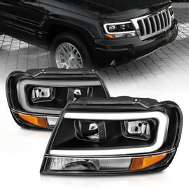 ANZO 99-04 Jeep Grand Cherokee Crystal Headlights - w/ Light Bar Black Housing - Corvette Realm