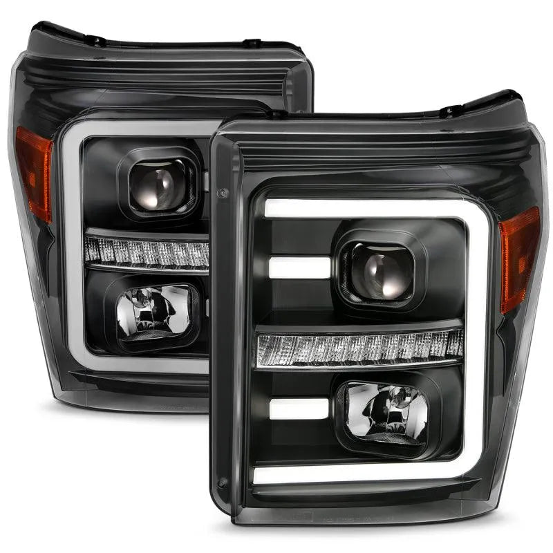 ANZO 2011-2016 Ford F250 Projector Headlights w/ Plank Style Switchback Black w/ Amber - Corvette Realm