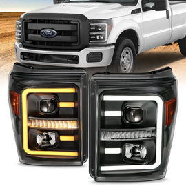ANZO 2011-2016 Ford F250 Projector Headlights w/ Plank Style Switchback Black w/ Amber - Corvette Realm