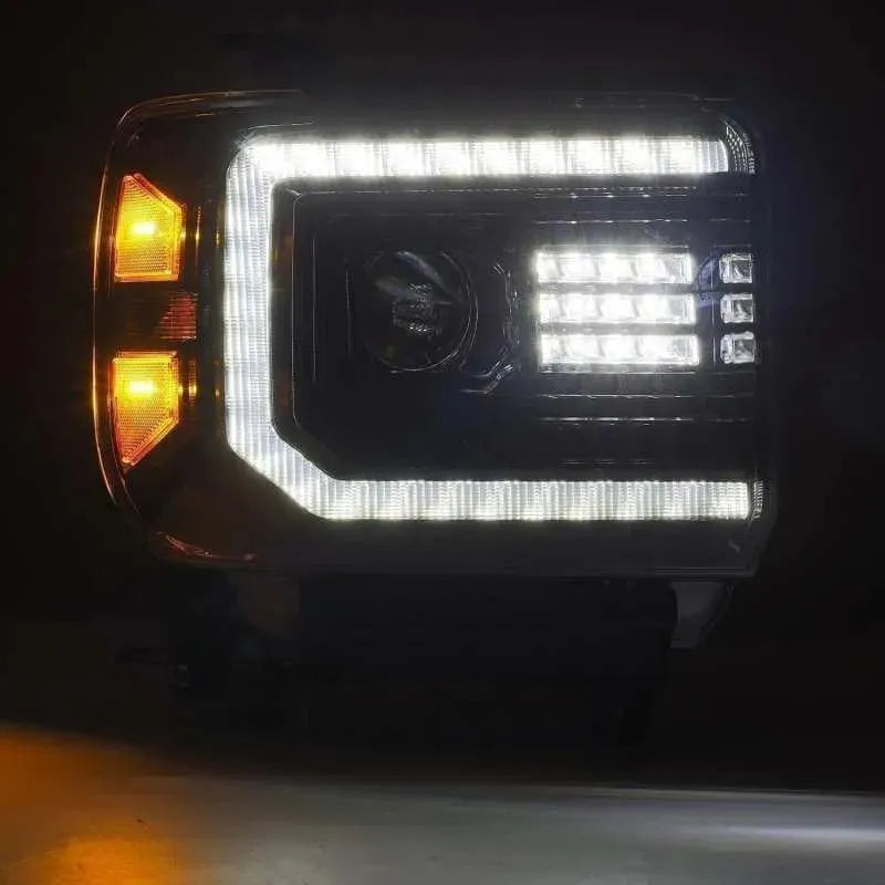 AlphaRex 14-18 GMC Sierra LUXX LED Proj Headlights Plank Style Black w/Activ Light/Seq Signal/DRL - Corvette Realm