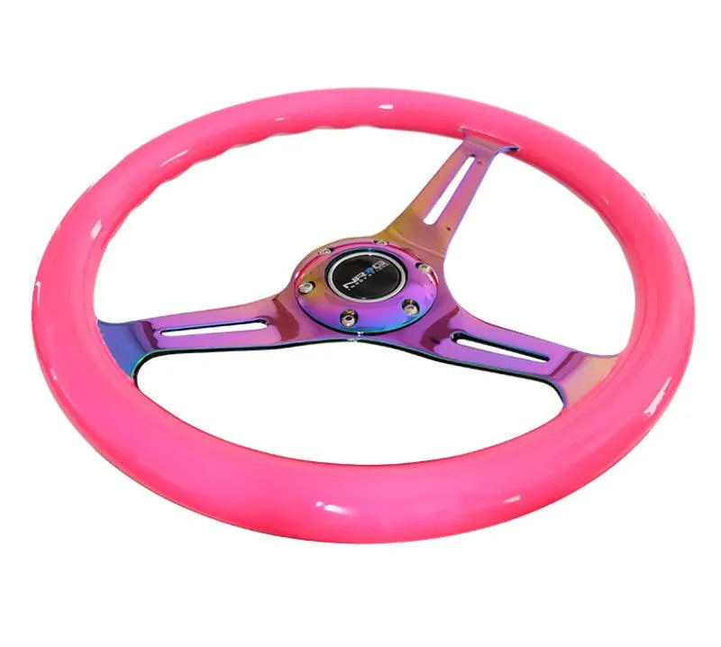 NRG Classic Wood Grain Steering Wheel (350mm) Neon Pink Painted Grip w/Neochrome 3-Spoke Center - Corvette Realm