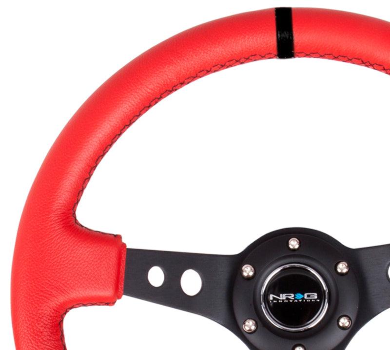 NRG Reinforced Steering Wheel (350mm / 3in. Deep) Red Suede w/Blk Circle Cutout Spokes - Corvette Realm