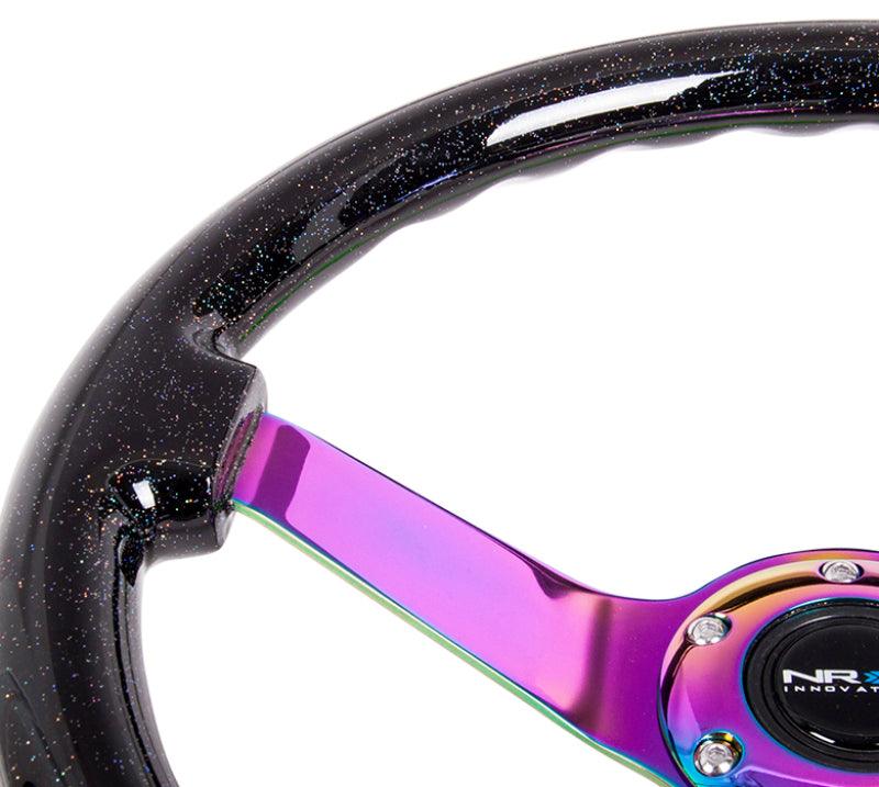 NRG Reinforced Steering Wheel (350mm / 3in. Deep) Classic Blk Sparkle w/4mm Neochrome 3-Spoke Center - Corvette Realm