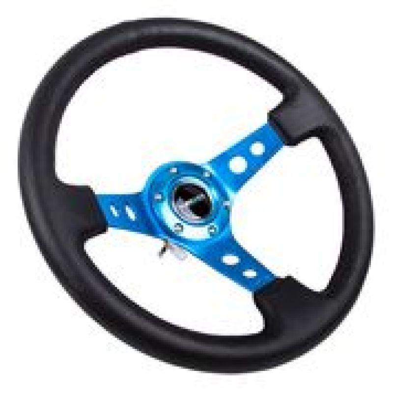 NRG Reinforced Steering Wheel (350mm / 3in. Deep) Blk Leather w/Blue Circle Cutout Spokes - Corvette Realm