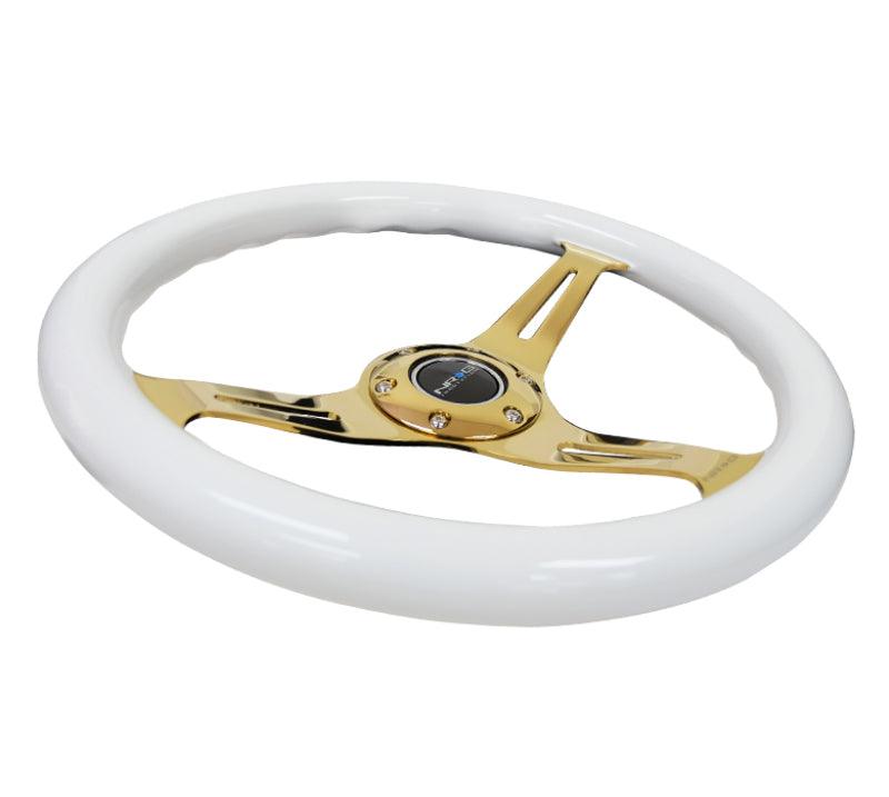 NRG Classic Wood Grain Steering Wheel (350mm) White Grip w/Chrome Gold 3-Spoke Center - Corvette Realm